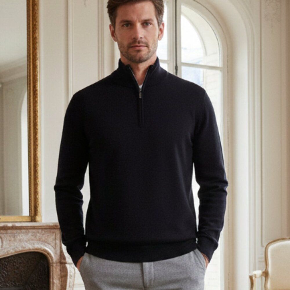 Club Room Men's Merino Wool Blend 1/4 Zip Sweater Black Pullover Size Small